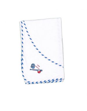 Infant's bath towel print bat, glove and ball