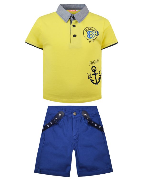 Boy΄s set with polo shirt with print, bermuda, and suspenders