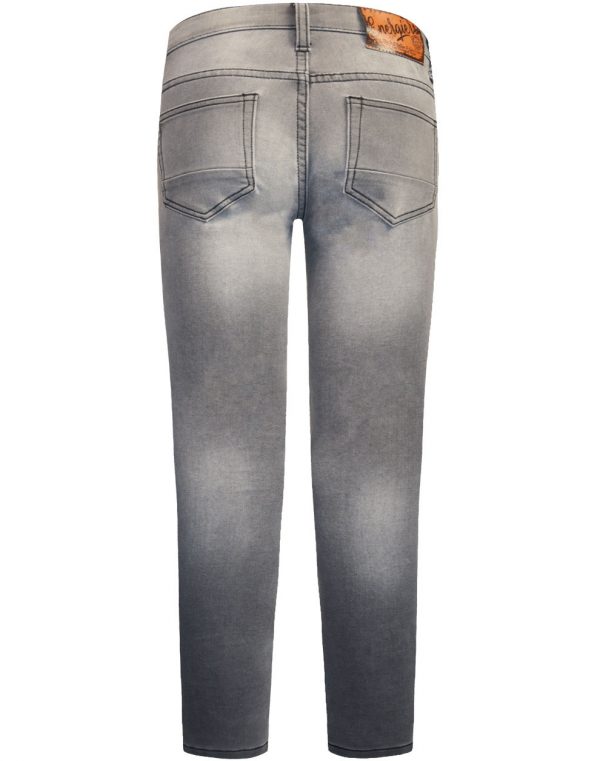 Stretch trousers denim with sandblast and risin effects. With adjustable elastic band inside waist