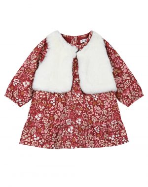 Cotton, floral dress combined with a fur vest. (0 - 12 Months)