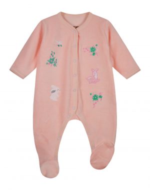 Velour romper with embroidery and snaps on the front for easy access for baby girls (0 - 15 months)