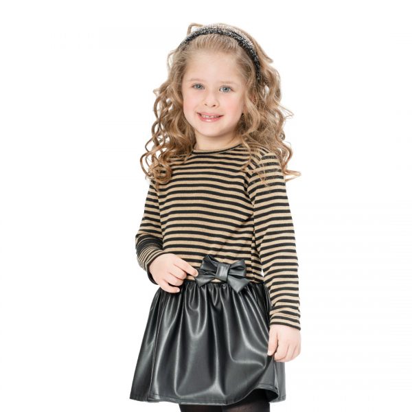 Stripped dress with faux leather for girls