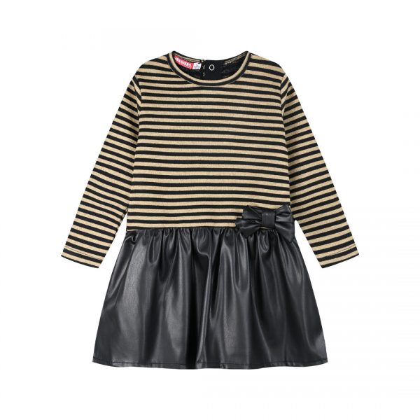 Stripped dress with faux leather for girls