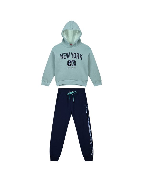 Girl΄s fleece set with hood, print, and sequins