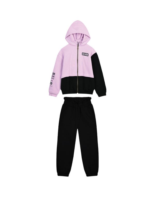 Girl΄s colour block fleece set with jacket with hood and print