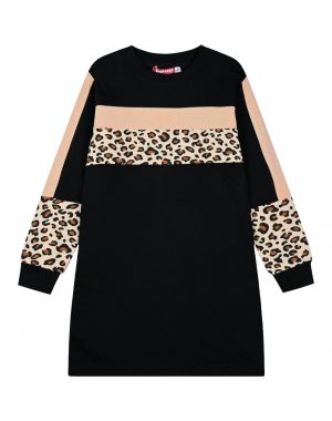 Girl΄s fleece dress with leopard animl print panelling