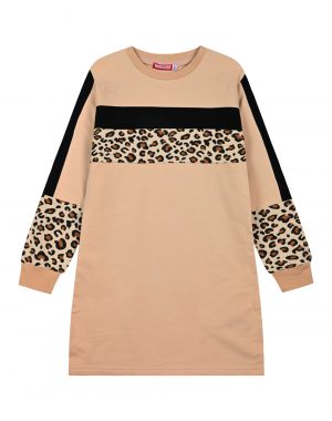 Girl΄s fleece dress with leopard animl print panelling