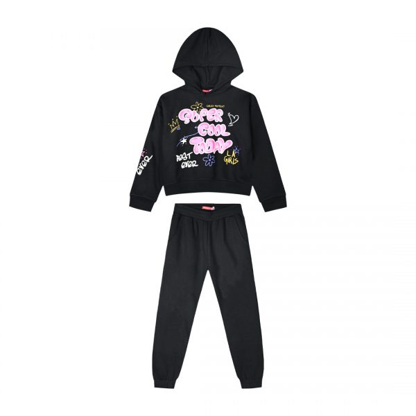 Fleece tracksuit set with hood and print for girls