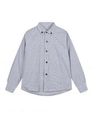 Boy΄s grey all over print button down dress shirt with navy buttons.Boutique collection