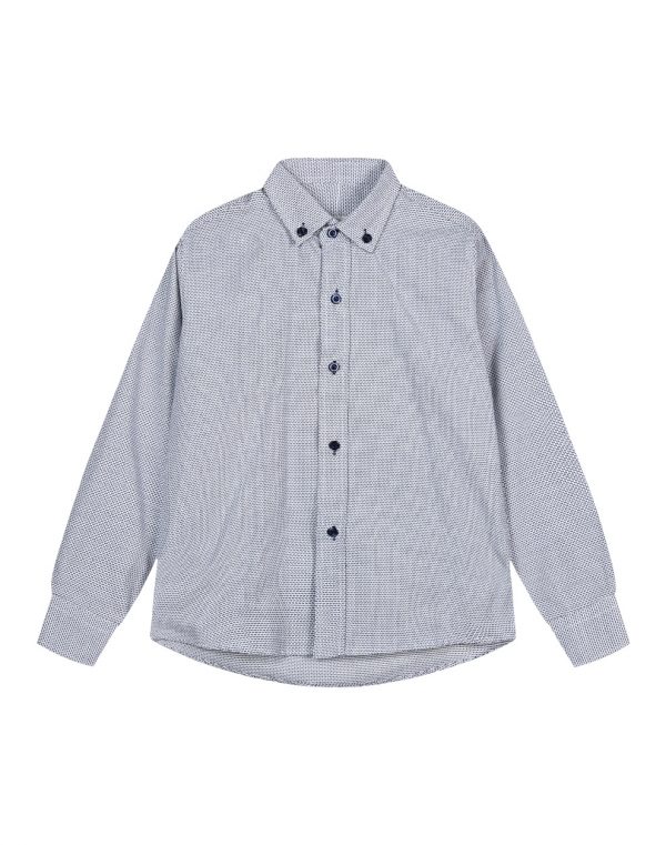 Boy΄s grey all over print button down dress shirt with navy buttons.Boutique collection