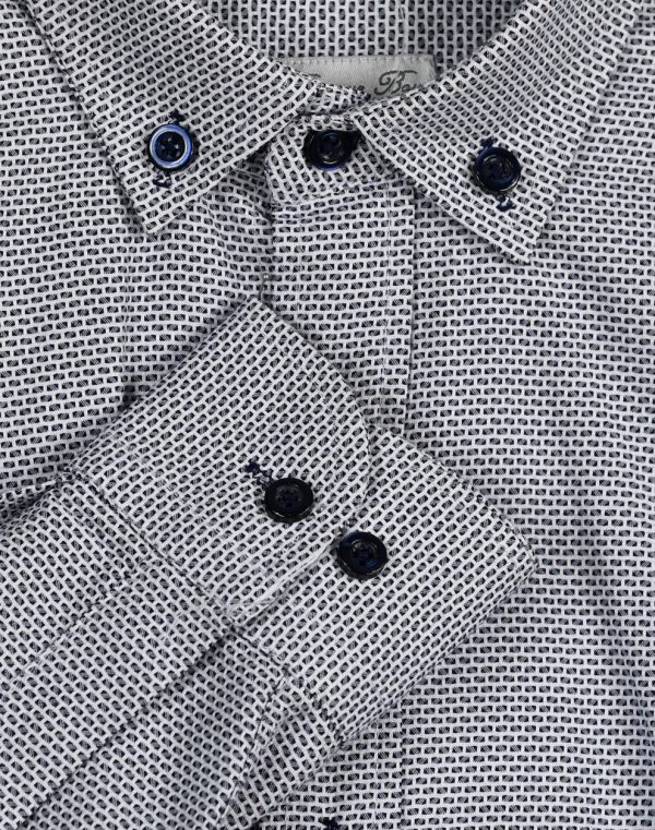 Boy΄s grey all over print button down dress shirt with navy buttons.Boutique collection