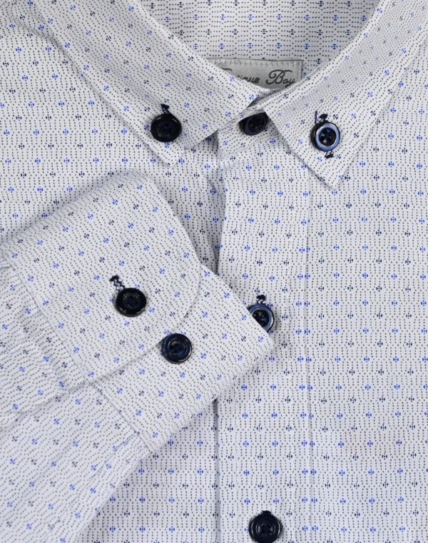 Boy΄s white all over print button down dress shrt with blue buttons.Boutique collection