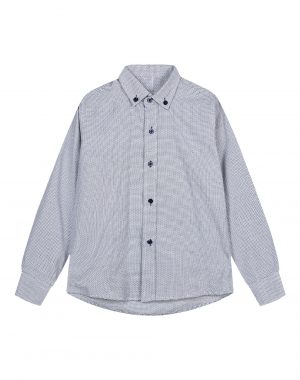 Boy΄s grey all over print button down dress shirt with navy buttons.Boutique collection