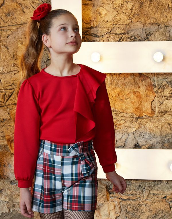 Girl΄s checkered shorts with side zipper and bow.Boutique collection